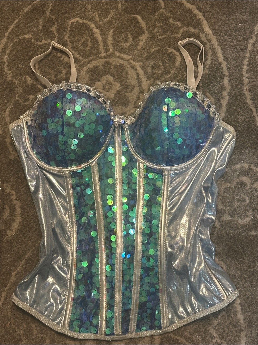 Sequined Bustier Corset Top in Iridescent Teal, Purple, Blue, Silver
